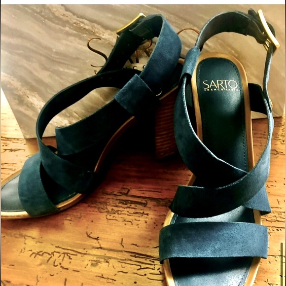 Franco Sarto Sabine lush teal blue suede crossing straps, open toe stacked heel - Picture 5 of 15